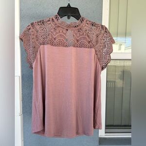 Cable & Gauge Dusty Rose Lace Neck Blouse Cap Sleeve Feminine Boho Chic Top L